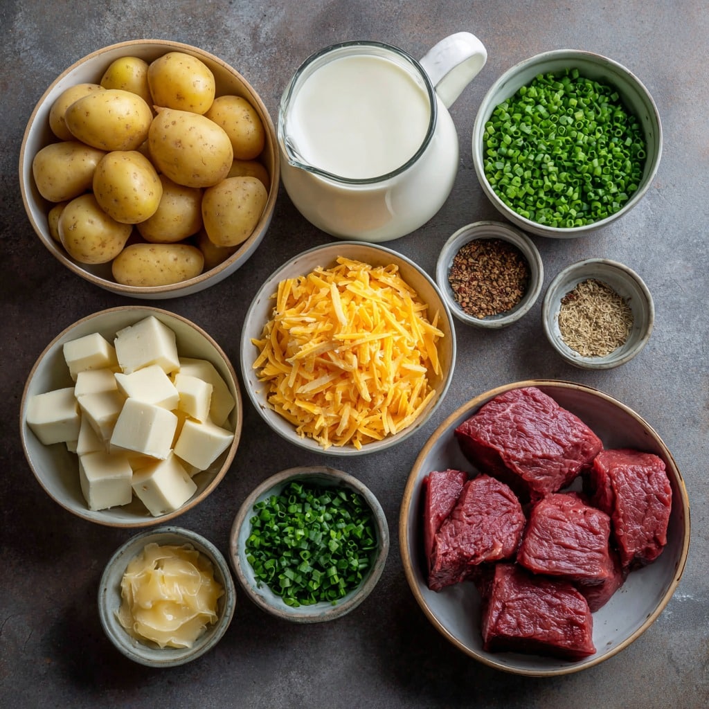 Juicy Steak Bites with Creamy Parmesan Sauce and Cheesy Mashed Potatoes