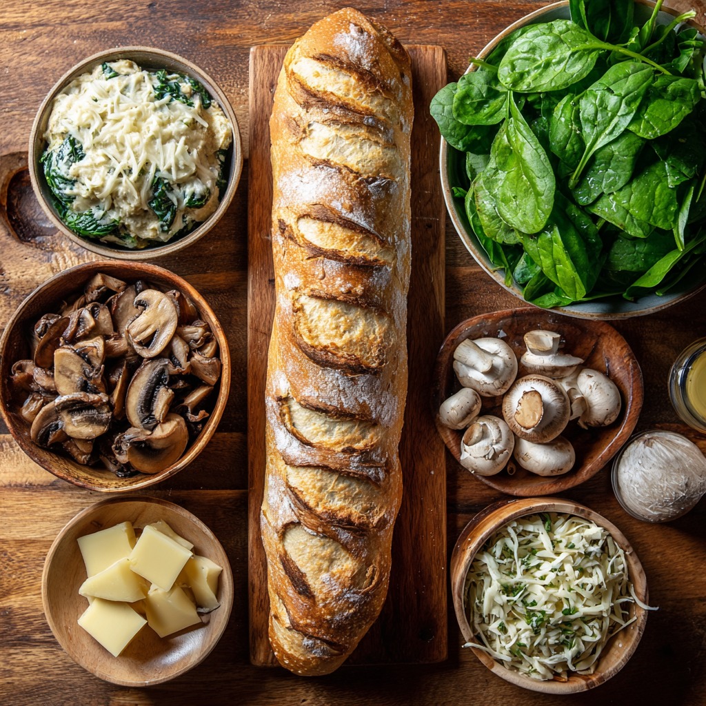 Cheesy Spinach Artichoke & Mushroom Stuffed Baguette