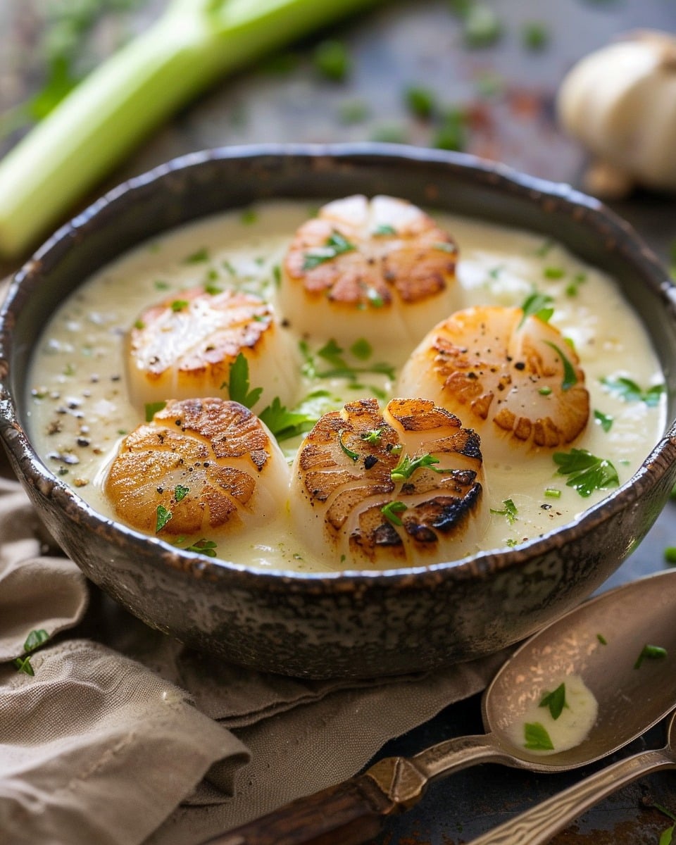 Creamy Seafood Chowder with Seared Scallops, Celery & Garlic