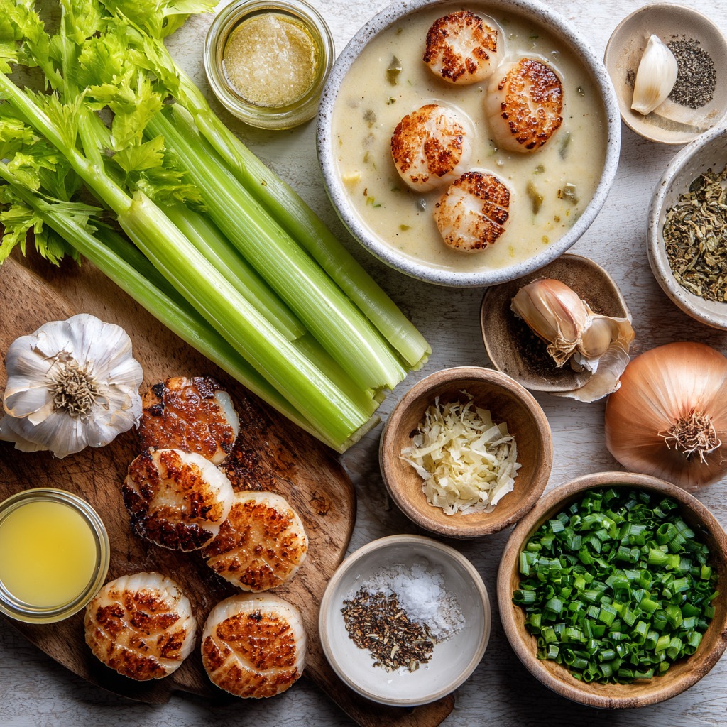 Creamy Seafood Chowder with Seared Scallops, Celery & Garlic