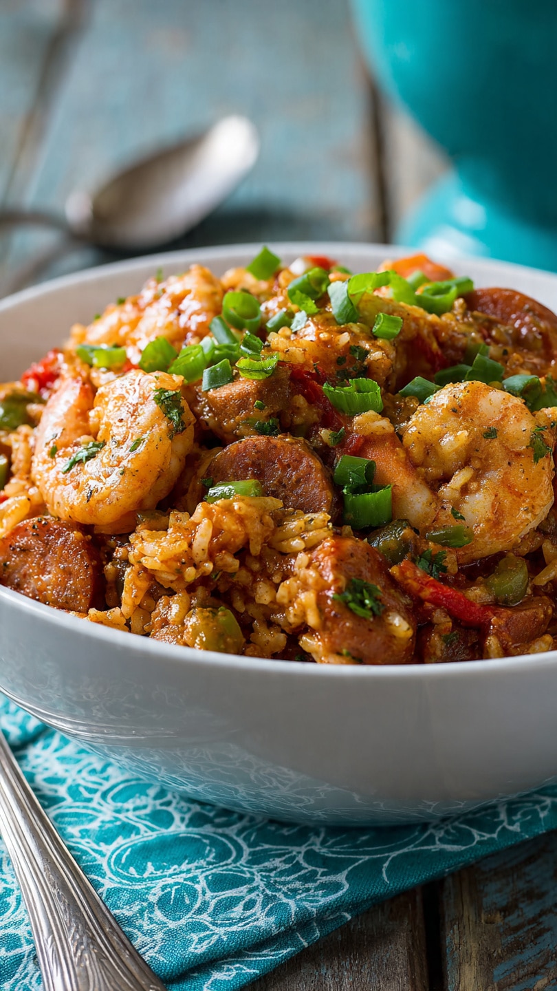 Slow Cooker Cajun Jambalaya with Chicken, Sausage & Shrimp