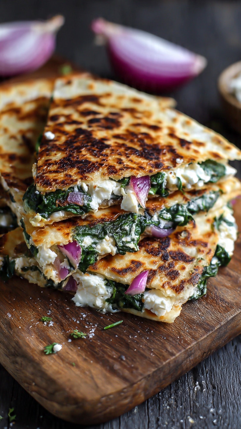 Mediterranean Quesadillas with Spinach, Feta, Mozzarella, and Red Onion