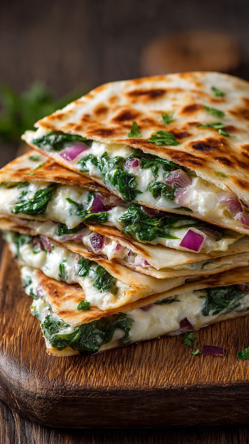 Mediterranean Quesadillas with Spinach, Feta, Mozzarella, and Red Onion