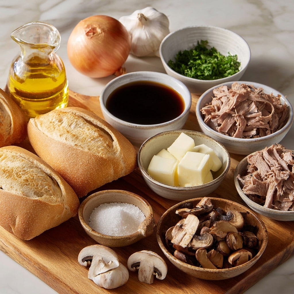 Slow Cooker French Dip Sandwiches with Garlic & Mushrooms