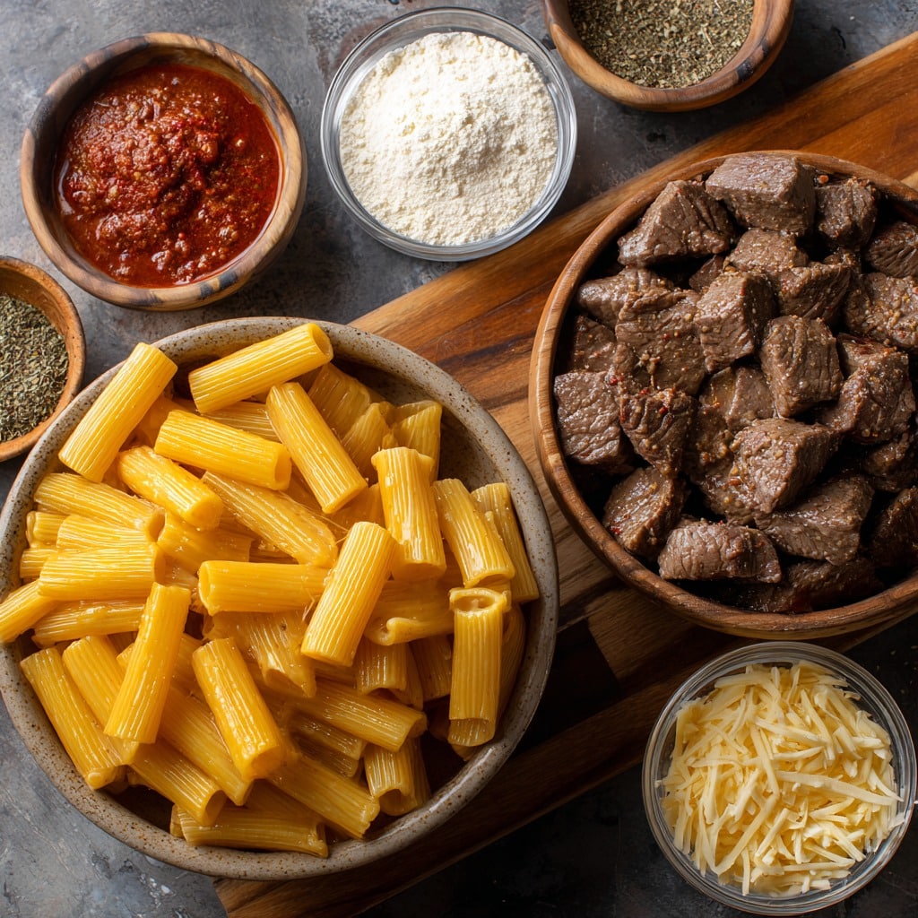 Cajun Steak Tips in Cheesy Rigatoni Parmesan Sauce
