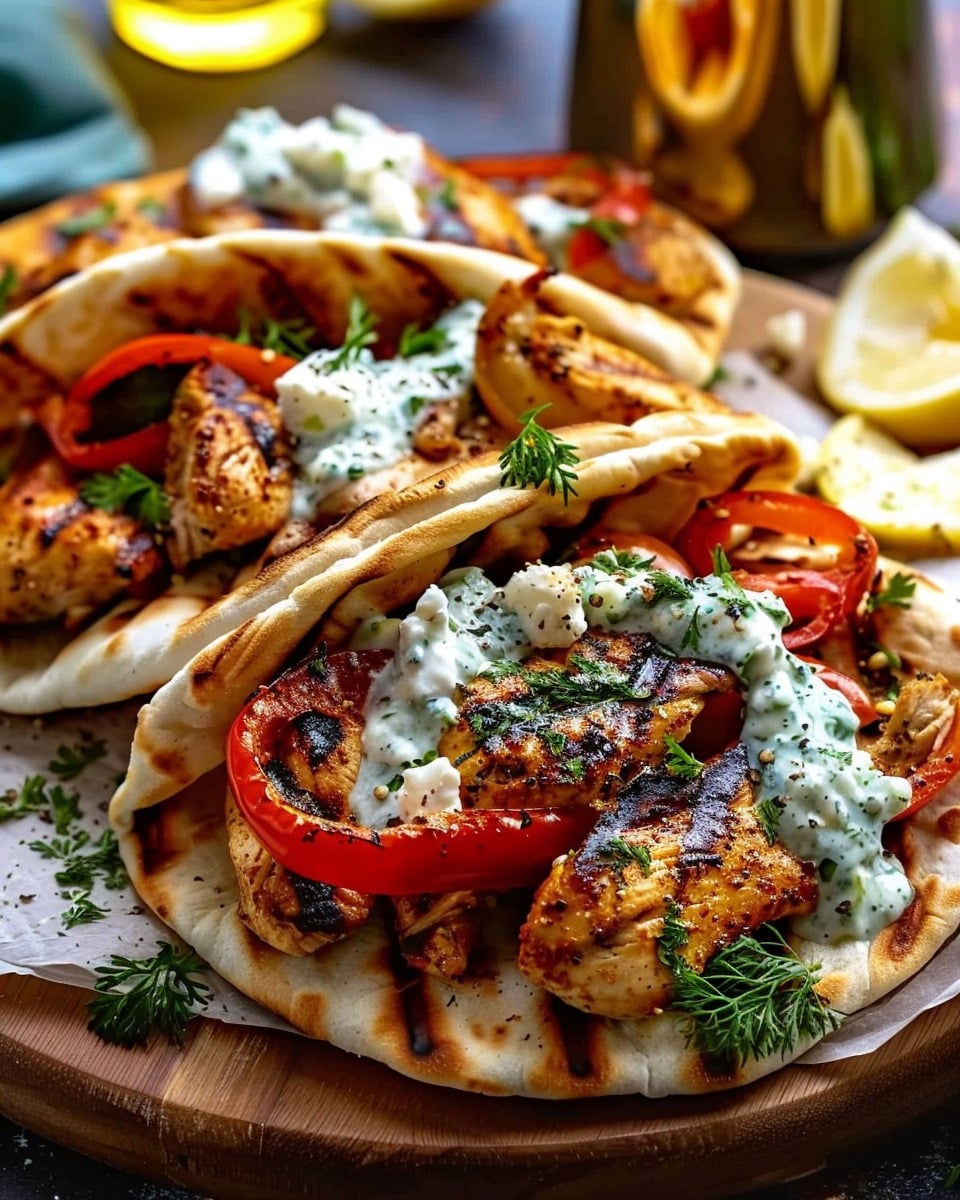 Lemon-Garlic Chicken Pitas with Feta Tzatziki & Roasted Bell Peppers