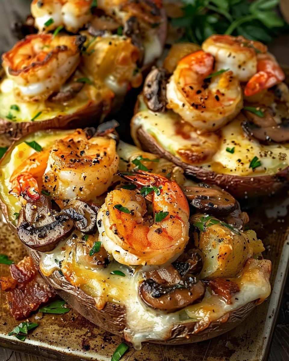 Steak, Shrimp & Mushroom Loaded Baked Potatoes