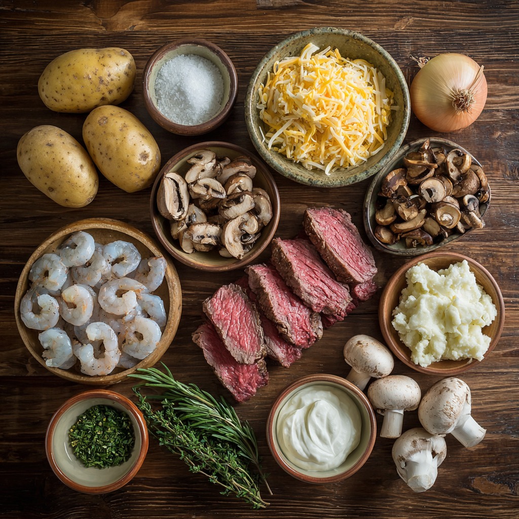 Steak, Shrimp & Mushroom Loaded Baked Potatoes