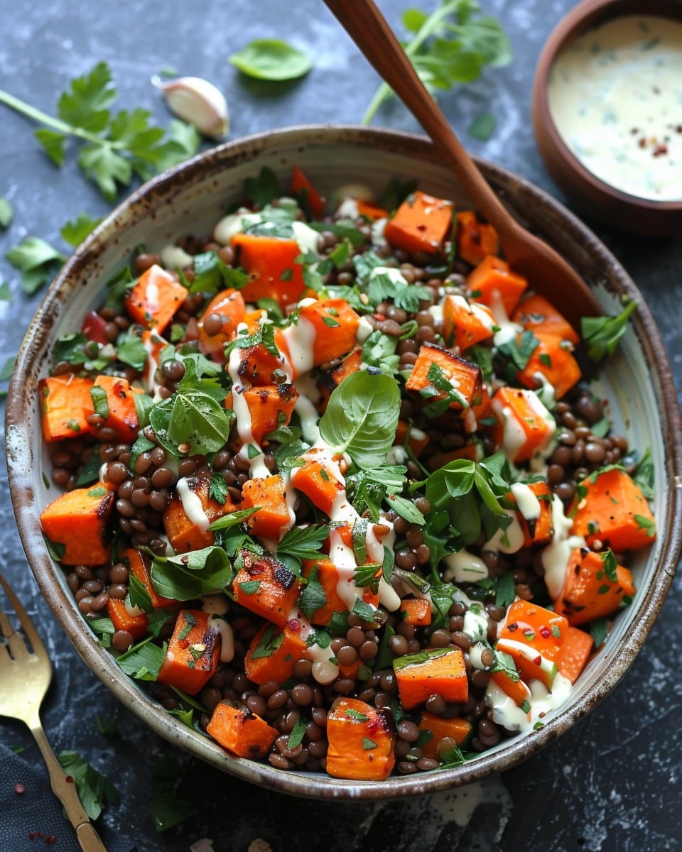 Simple Sweet Potato Lentil Salad With Roasted Garlic Tahini Dressing