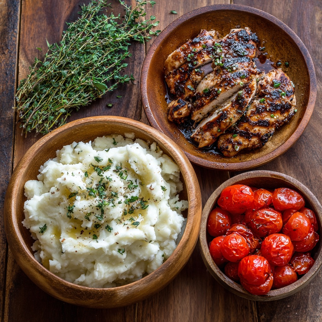 Balsamic Grilled Chicken with Herbed Mashed Potatoes & Roasted Tomatoes
