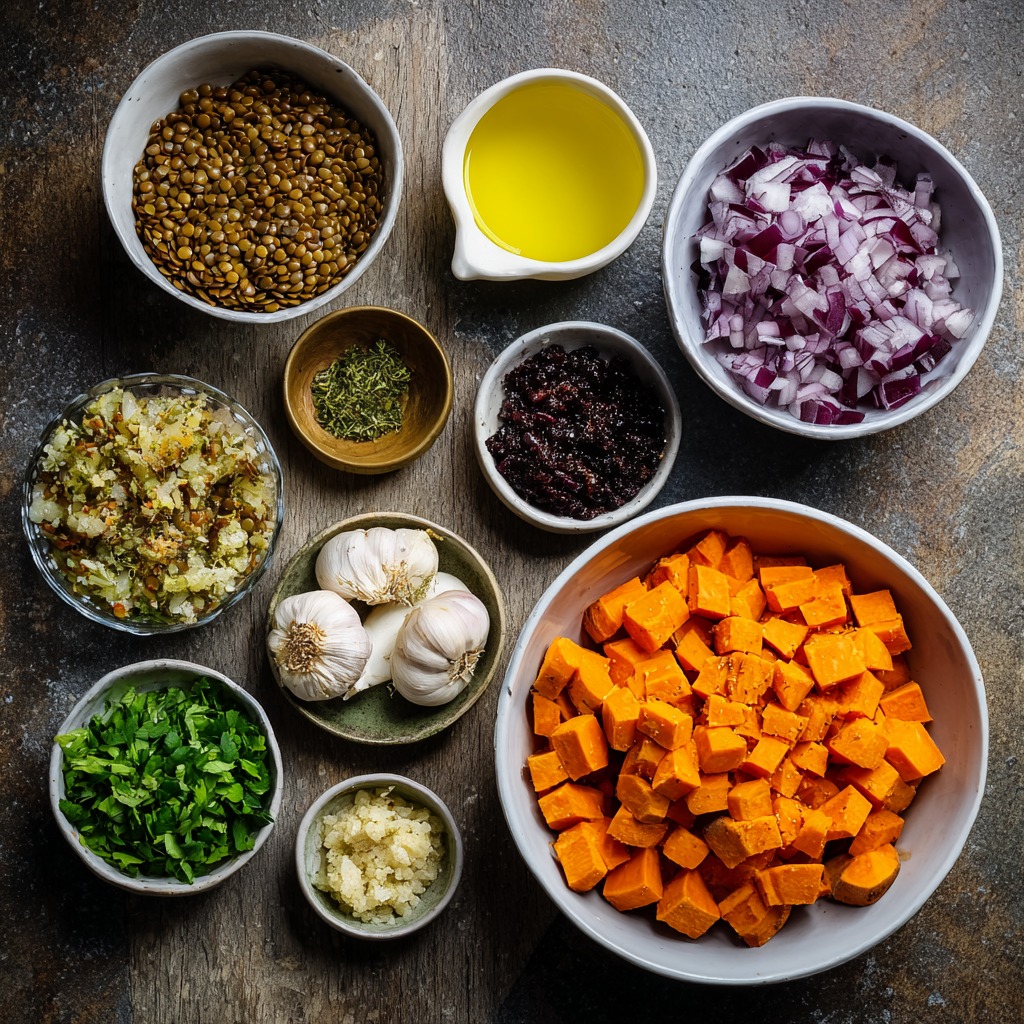 Simple Sweet Potato Lentil Salad With Roasted Garlic Tahini Dressing