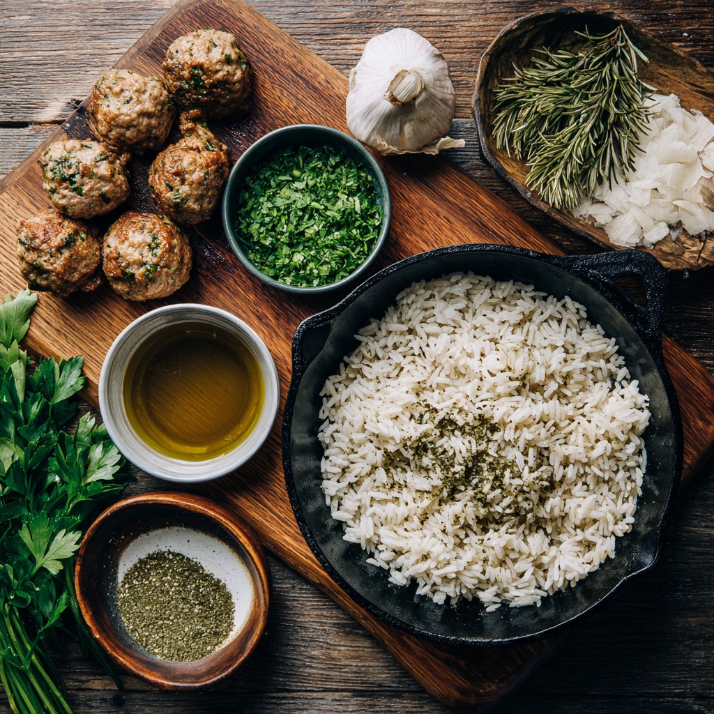 Garlic Meatball and Herb Rice Skillet