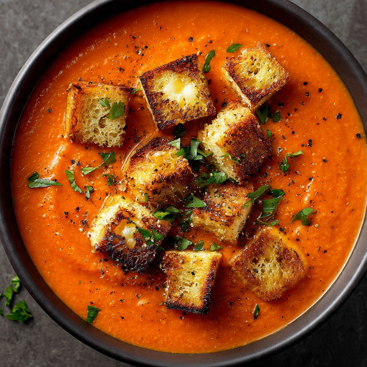 Creamy Tomato Bisque with Grilled Cheese Croutons