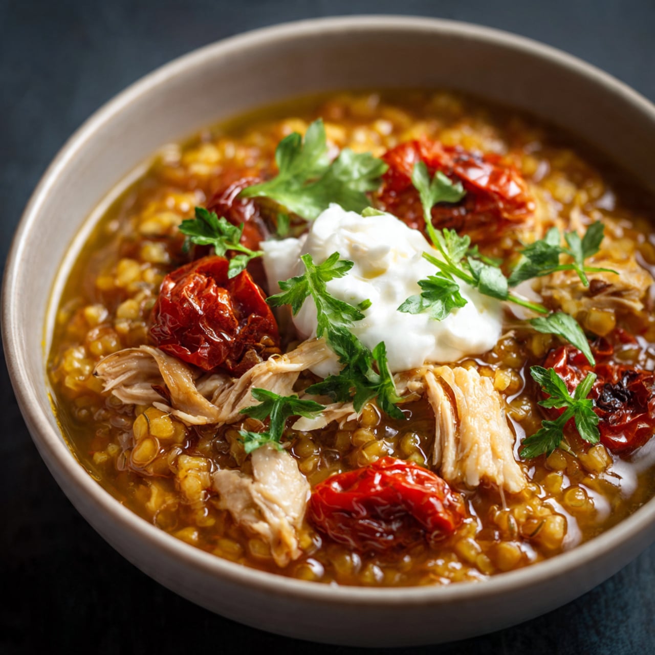 Freekeh Soup with Chicken and Fire Roasted Tomatoes