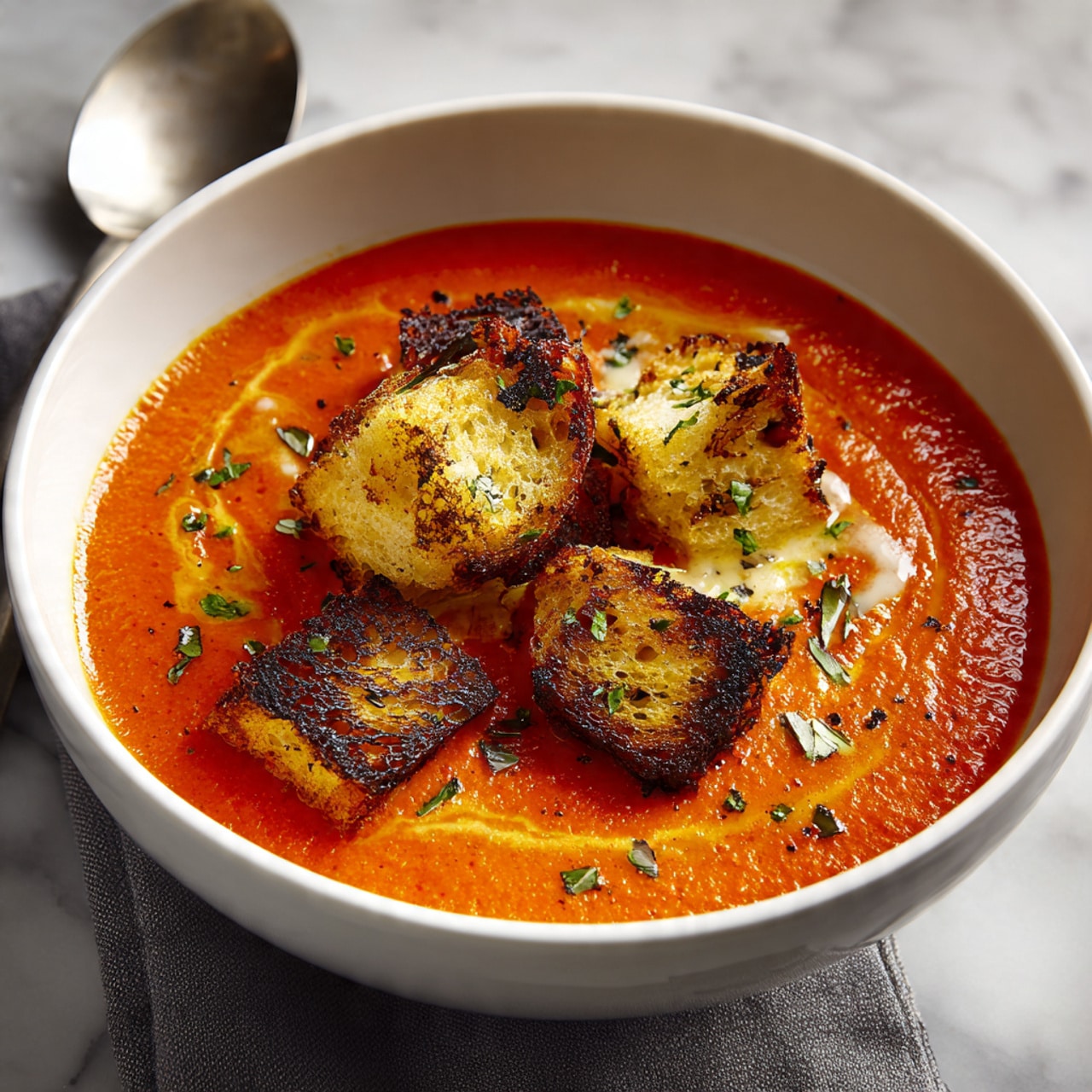 Creamy Tomato Bisque with Grilled Cheese Croutons