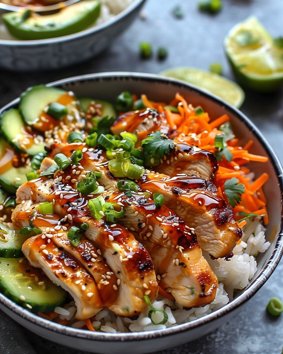 Honey-Ginger Chicken Bowls topped with Yum Yum Sauce