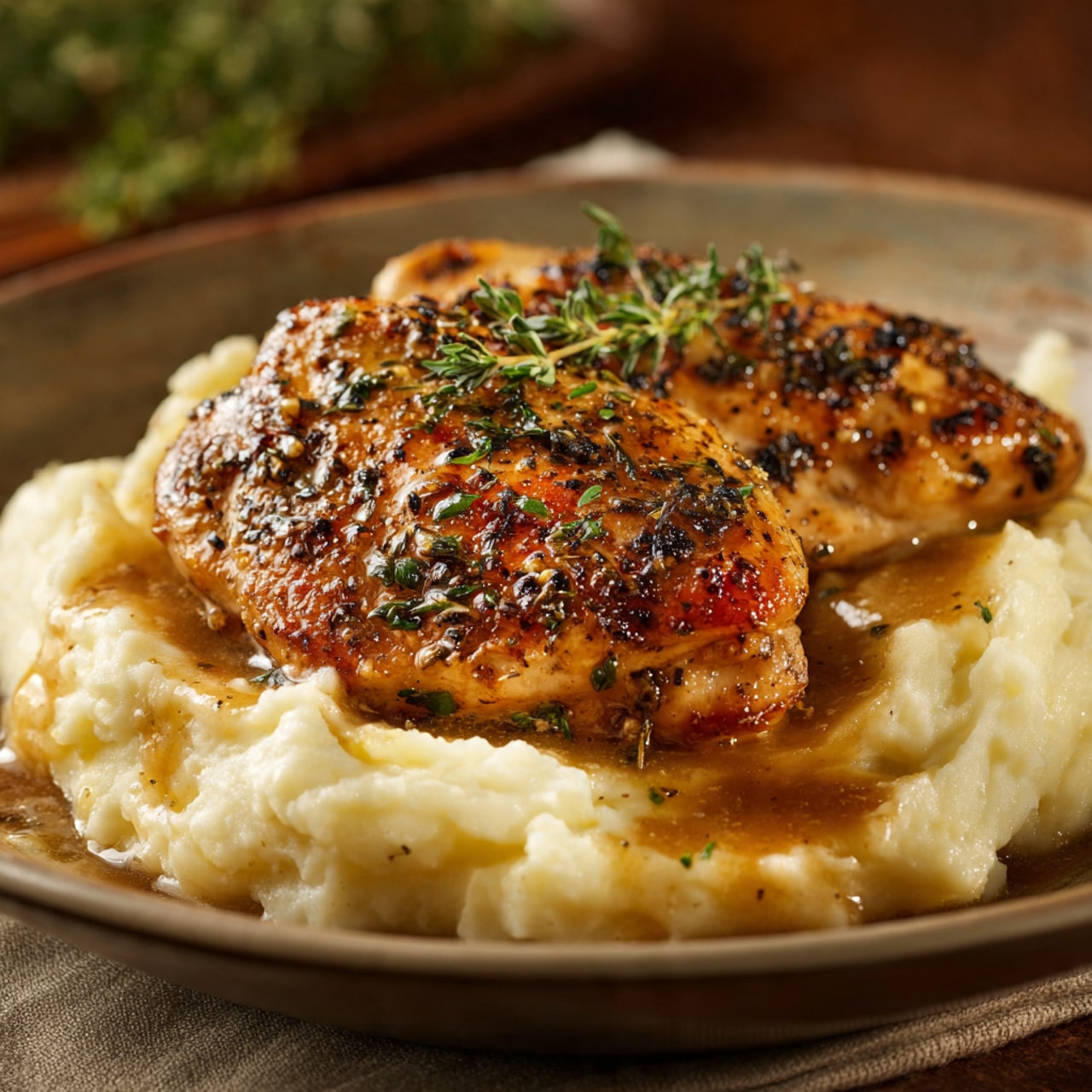 Glazed Garlic Herb Chicken Breast Over Creamy Mashed Potatoes with Pan Sauce