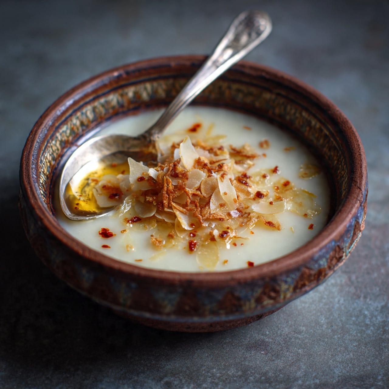 Garlic Soup with Aleppo Pepper Oil and Fried Garlic