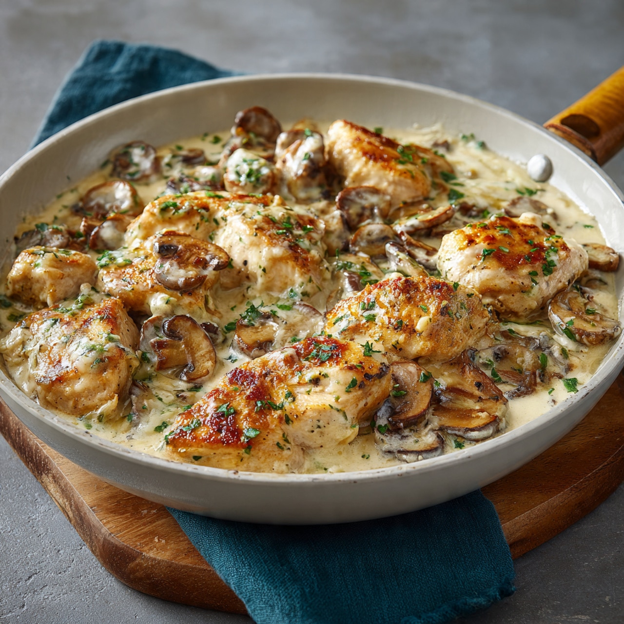 Creamy Chicken and Mushroom Skillet with Asiago and Mustard
