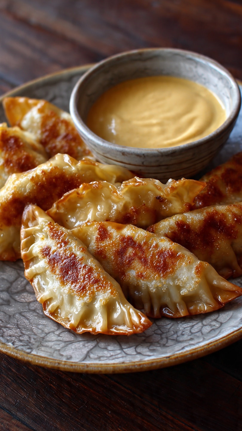 The Best Golden Baked Potstickers with Creamy Thai Curry Dip