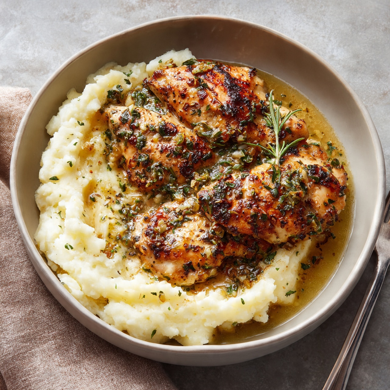 Glazed Garlic Herb Chicken Breast Over Creamy Mashed Potatoes with Pan Sauce