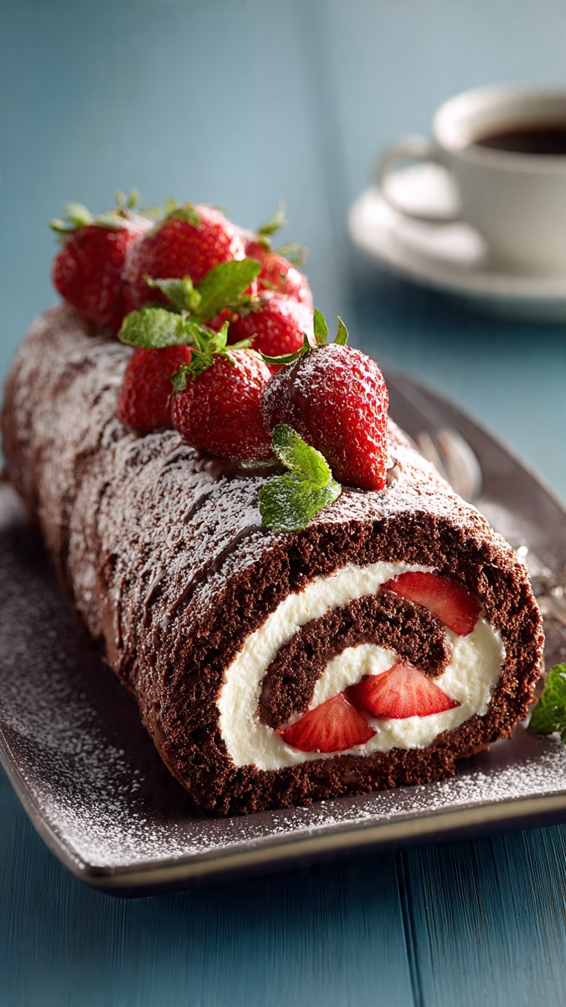 Chocolate-Covered Strawberry Swiss Roll Cake