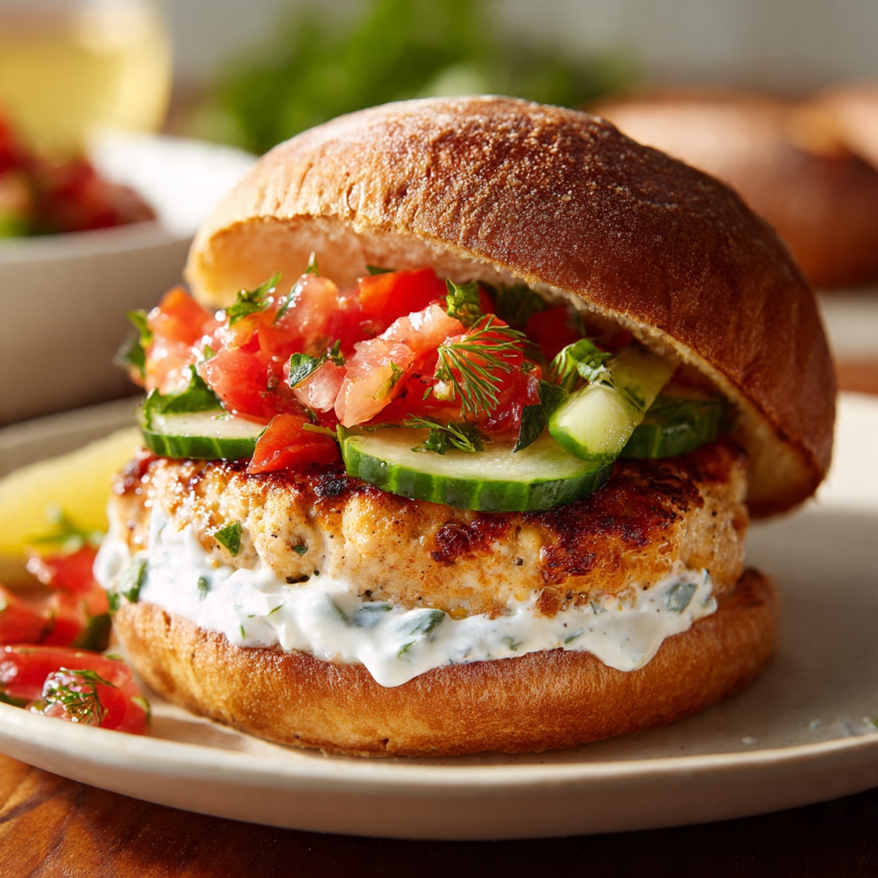 Mediterranean Chicken Burgers with Greek Yogurt Sauce and Tomato-Cucumber Relish