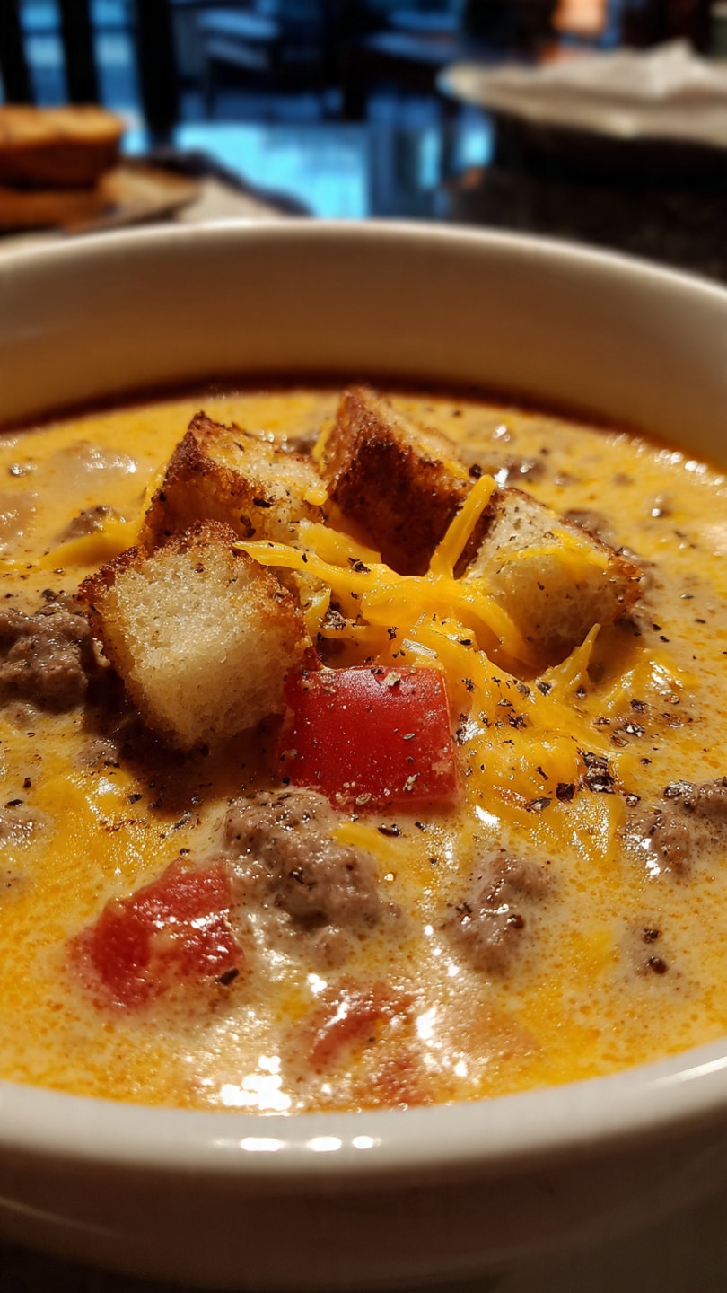 Hearty Potato and Hamburger Soup Loaded with Creamy Cheddar Goodness