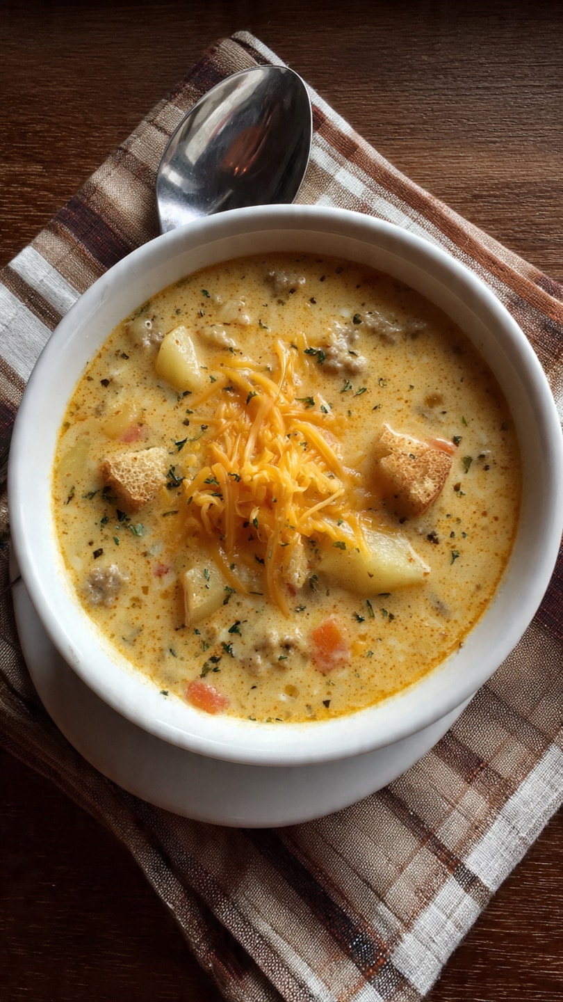 Hearty Potato and Hamburger Soup Loaded with Creamy Cheddar Goodness