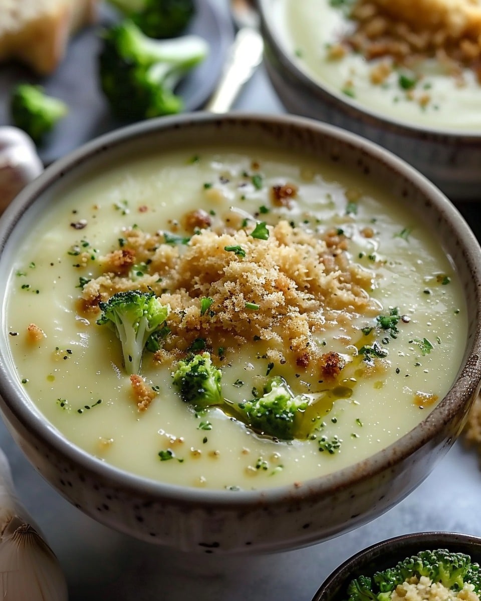 Velvety Broccoli Gruyère Soup crowned with Golden Garlic Crumbs