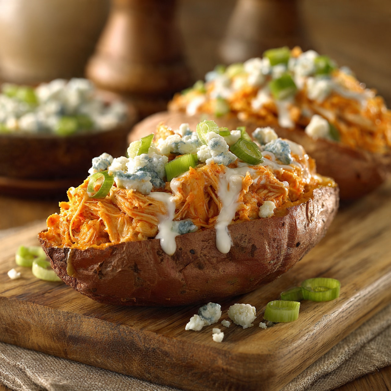 Buffalo Chicken Stuffed Sweet Potatoes