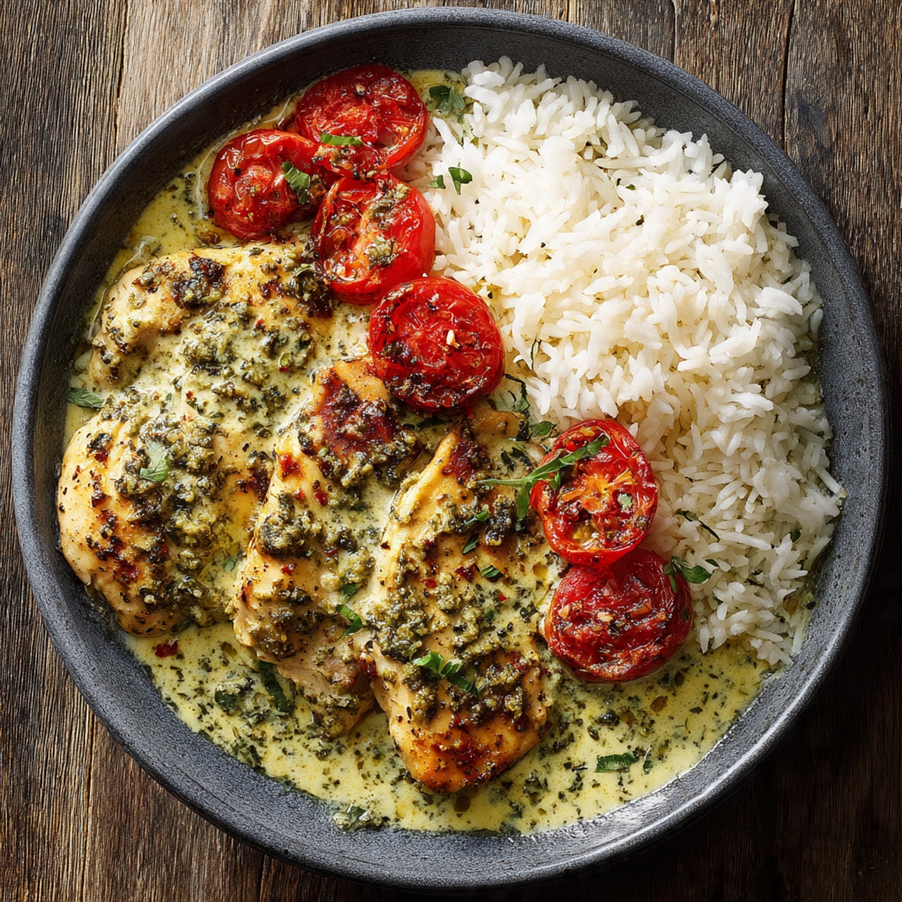 Creamy Pesto Chicken with Roasted Tomatoes