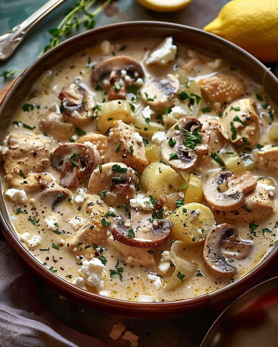Creamy Lemon Chicken Stew with Mushrooms, Leeks & Feta