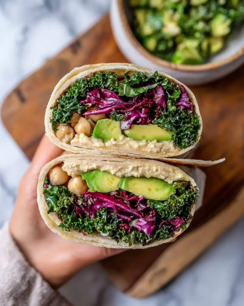 Healthy Lunch Wraps with Chickpeas, Kale, and Brussels Sprouts in Zingy Dijon Mustard Vinaigrette Recipe