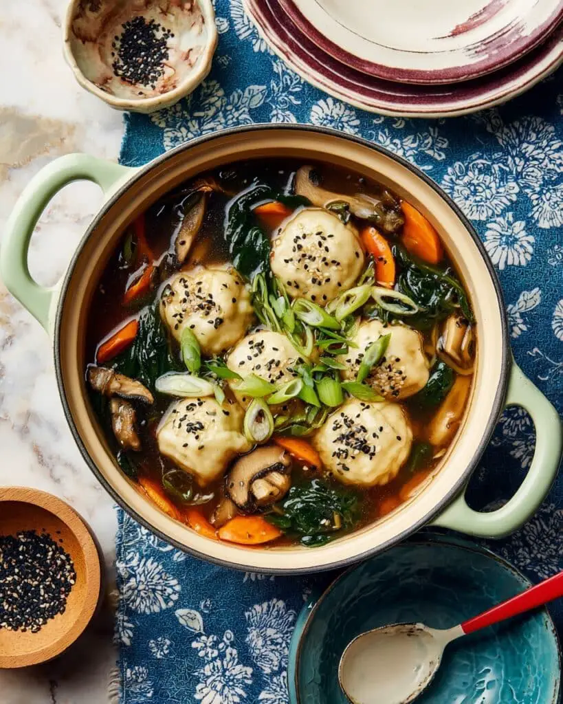 Quick and Easy Dumpling Soup with Shiitake Mushrooms and Spinach Recipe