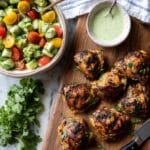 Pollo a la Brasa (Peruvian Chicken) with Aji Verde Sauce and Fresh Avocado Cucumber Tomato Salad Recipe