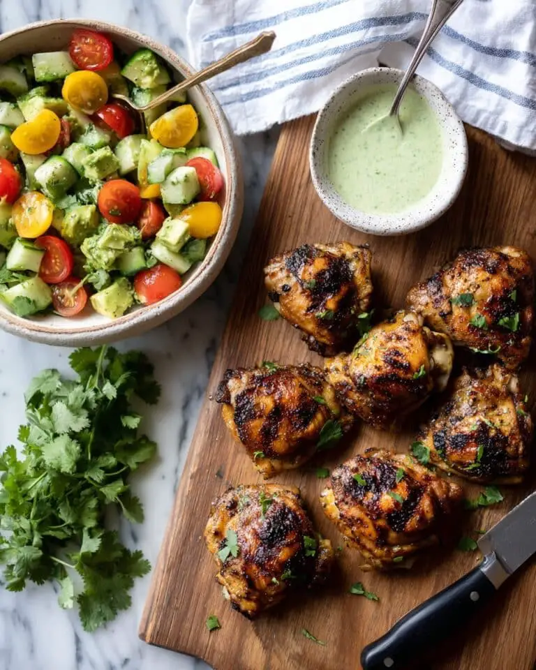 Pollo a la Brasa (Peruvian Chicken) with Aji Verde Sauce and Fresh Avocado Cucumber Tomato Salad Recipe