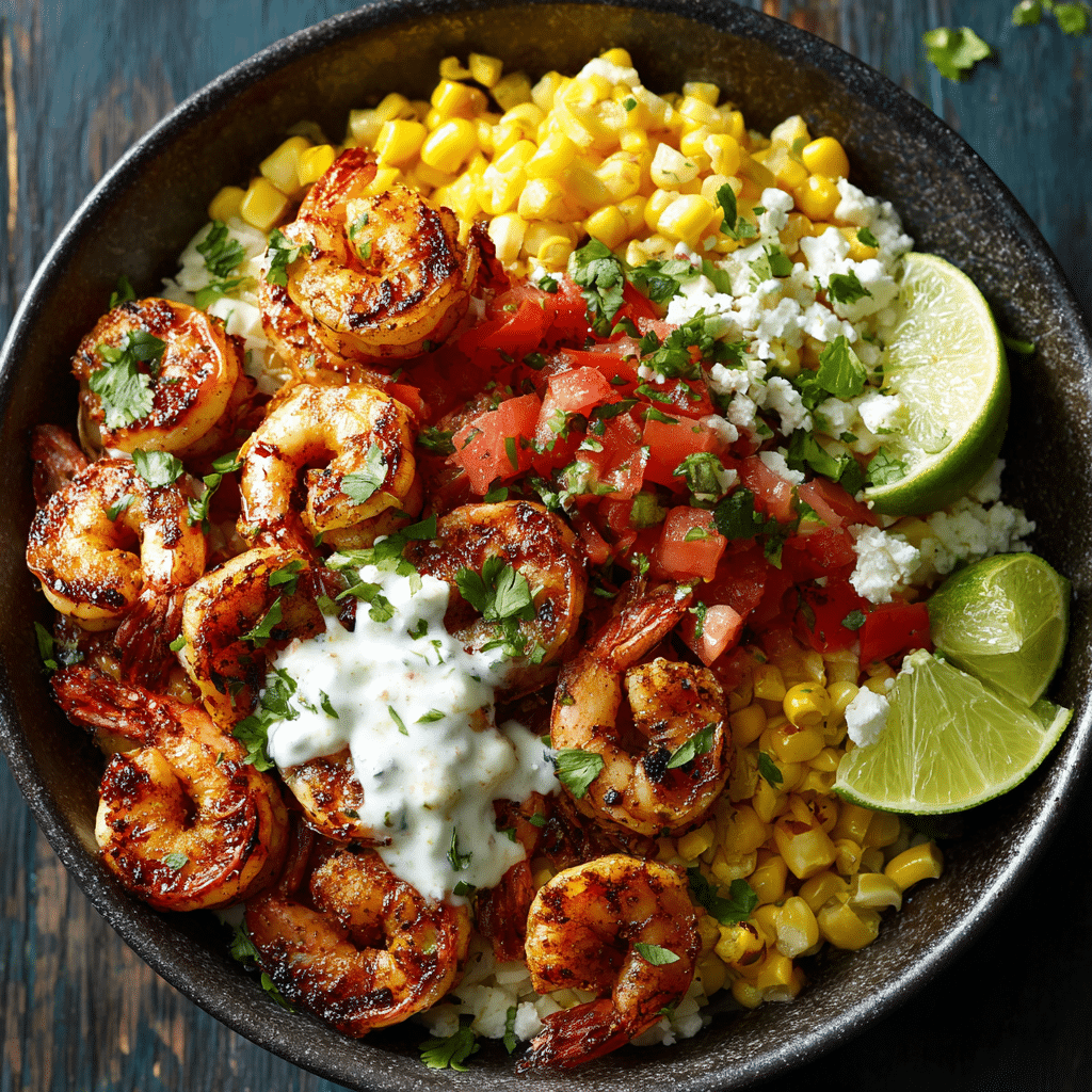 Grilled Shrimp Bowl with Corn Salsa & Creamy Sauce