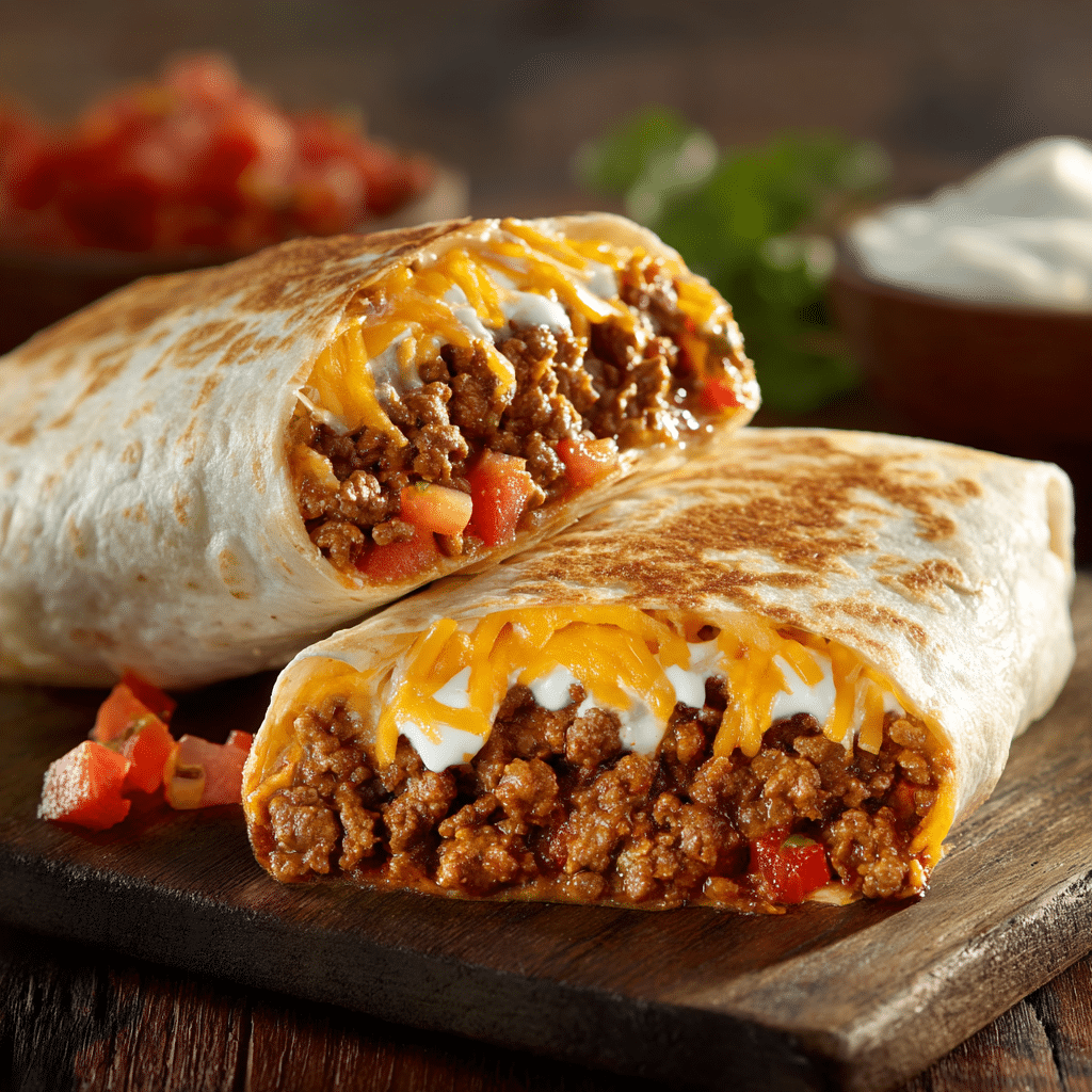 Cheesy Beef & Potato Burritos with Nacho Drizzle