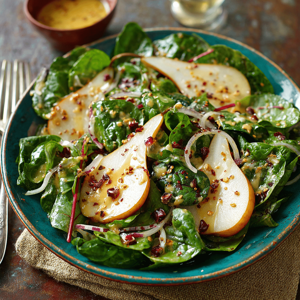 Pear and Pomegranate Spinach Salad with Maple-Lemon Mustard Dressing