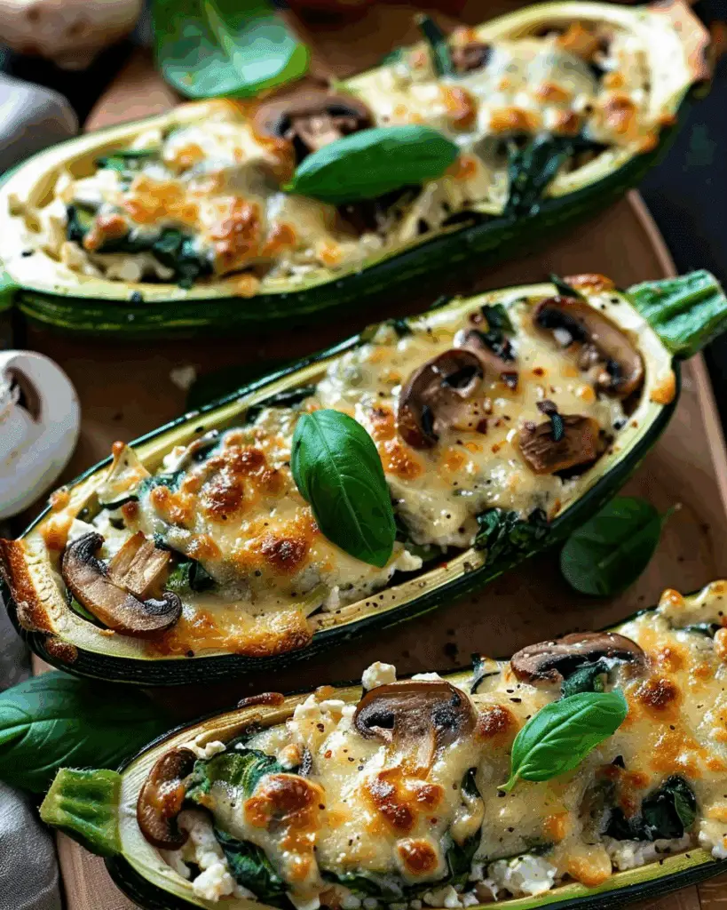 Spinach, Mushroom, and Ricotta Stuffed Zucchini Boats