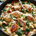 Chicken Risotto (Creamy Rice) with Spinach, Sun-Dried Tomatoes, and Parmesan