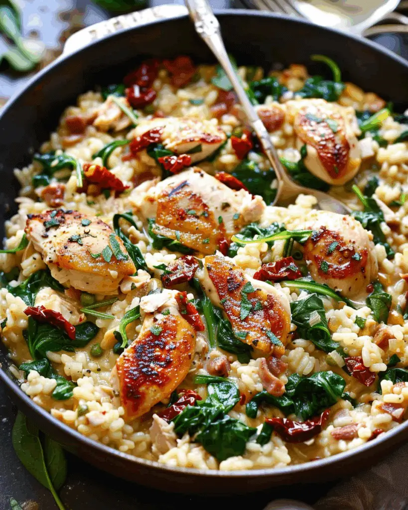 Chicken Risotto (Creamy Rice) with Spinach, Sun-Dried Tomatoes, and Parmesan