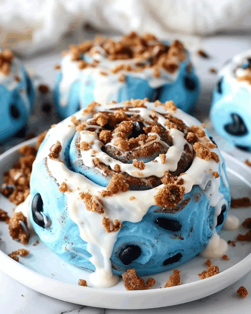 Cookie Monster Cinnamon Rolls: Blue Dough, Cookie Crumbles, and Creamy Sweetness