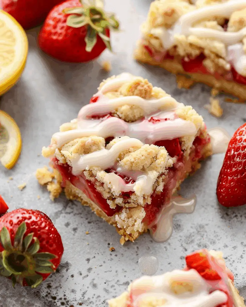 Strawberry Crumb Bars with Lemon Glaze