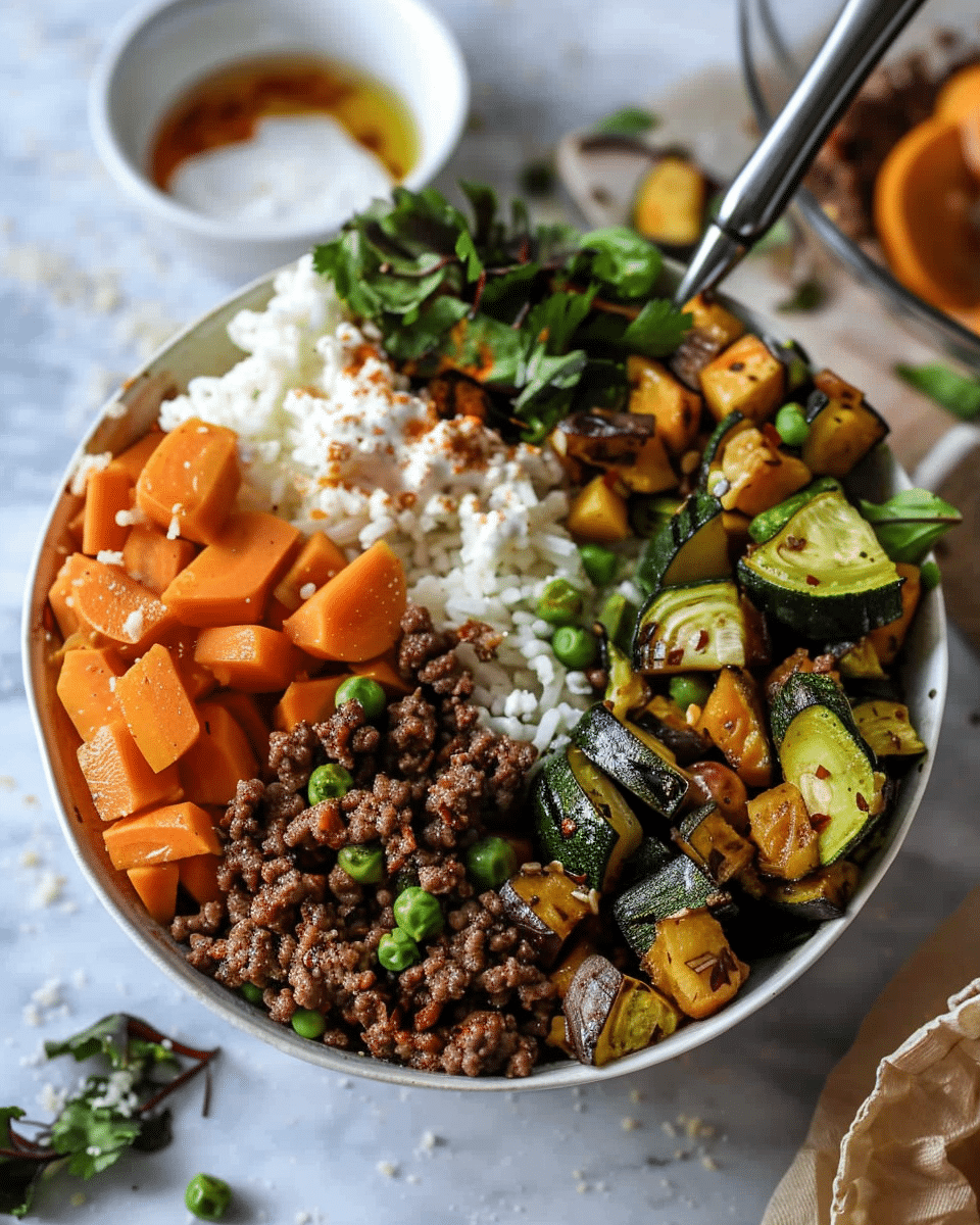 Garlic Butter Ground Beef and Roasted Veggie Bowls