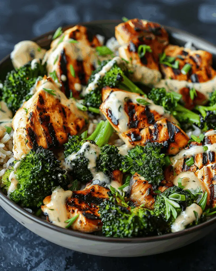 Grilled Chicken & Broccoli Bowls with Creamy Garlic Sauce