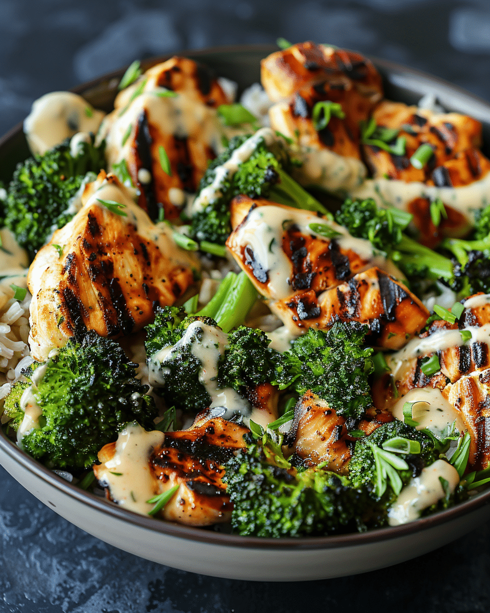 Grilled Chicken & Broccoli Bowls with Creamy Garlic Sauce