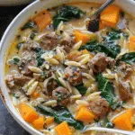 Creamy Sausage & Orzo Soup with Spinach & Sweet Potatoes