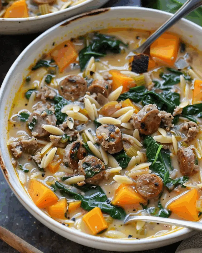 Creamy Sausage & Orzo Soup with Spinach & Sweet Potatoes